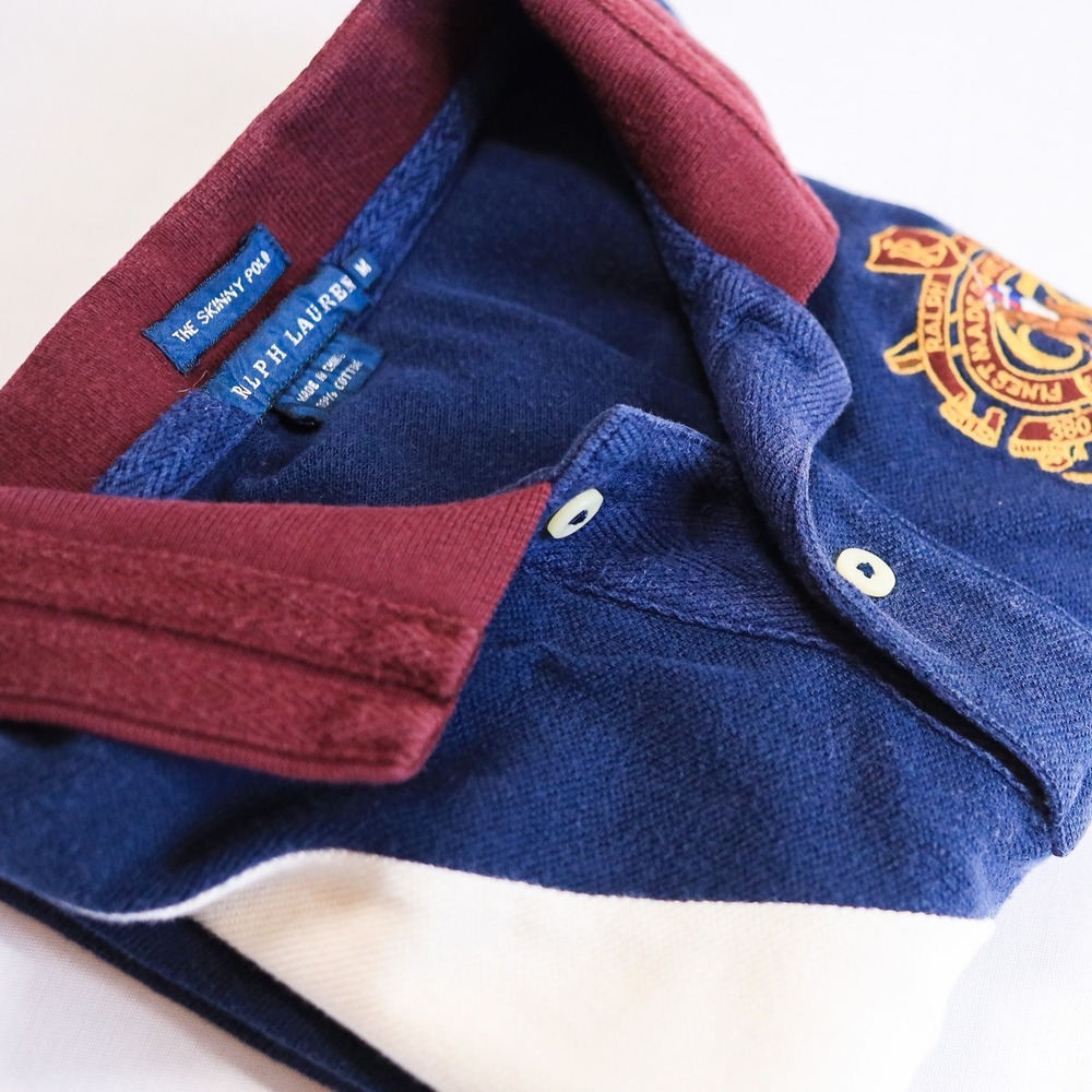 Ralph Lauren Skinny Polo Women M Navy White Sash Crest Equestrian Vintage Y2K - Picture 7 of 11